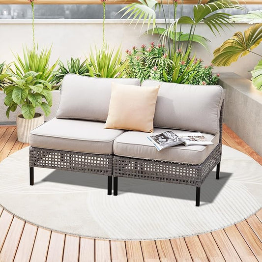 2-Piece Outdoor Rattan Armchair Set, All-Weather PE Wicker Patio Chairs with Beige Cushions, Gray Modular Sectional Furniture for Porch, Balcony, Deck, Backyard Seating