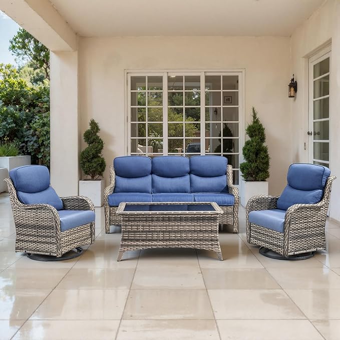 Outdoor Swivel Rocker Patio Chairs Set of 4 with Sofa - 5" Thick Cushion 4 Piece Furniture Set with Sofa All Weather Wicker Conversation Set for Porch Deck - Grey-Blue