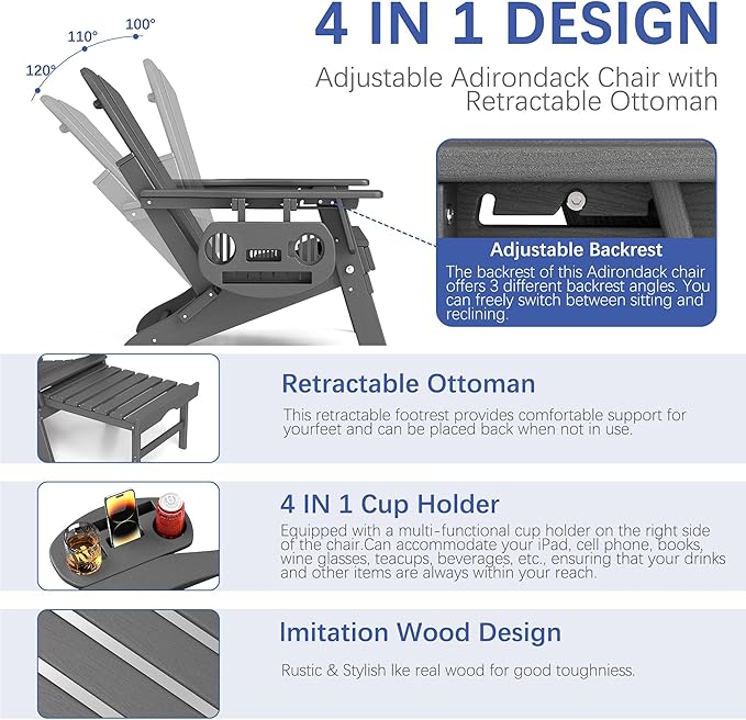 FOOWIN Adirondack Chair with Retractable Ottoman,HDPE Folding Adjustable Adirondack Chair w/4 in 1 Cup Holder Trays,All-Weather Resistant Fire Pit Chair for Outdoor Patio Lawn Set of 8