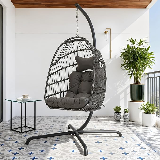 BLUEXYARD Boho Rattan Egg Chair with Stand, 350 Lbs Foldable Wicker Hanging Patio Hammock with Cozy Cushion, Compact Swing Basket Chairs for Balcony Porch Garden Bedroom Outdoor Indoor, Dark Grey