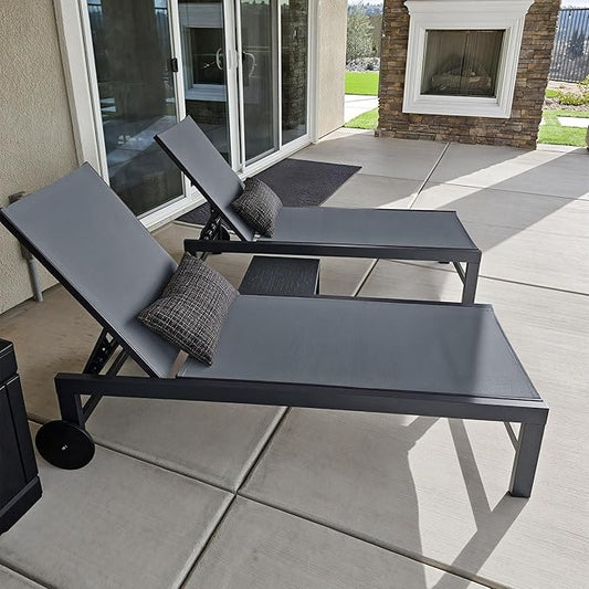 PURPLE LEAF Outdoor Chaise Lounge with Wheels for Outside 2 Pieces Aluminum Patio Lounge Chair with 5 Adjustable Position for Outdoor, Beach, Yard, Pool, Side Table Included, Grey