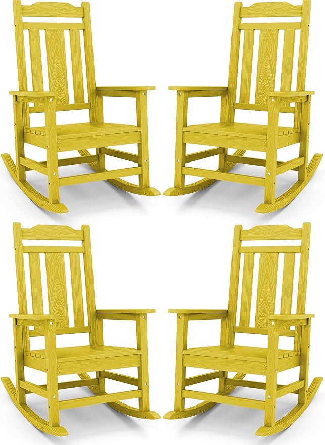 SERWALL Outdoor Rocking Chair Set of 4, Patio Rocking Chairs Set, HDPE Rocking Chair Outdoor for Adults, Heavy Duty Front Porch Rocker, Yellow