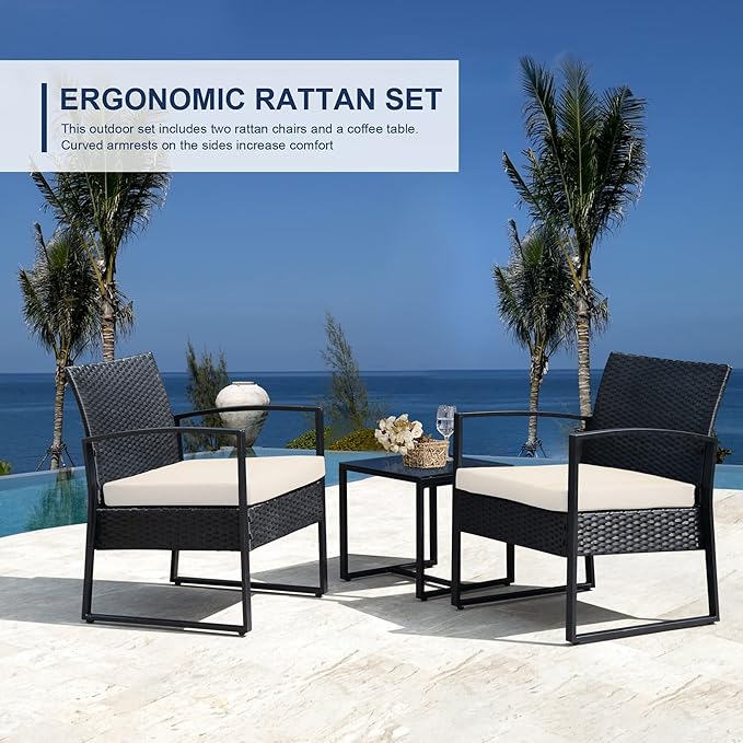 3 Pieces Outdoor Patio Furniture Set Wicker Rattan Chair Set Patio Bistro Conversation Set 3 Pcs with Coffee Table for Yard & Bistro (Beige)
