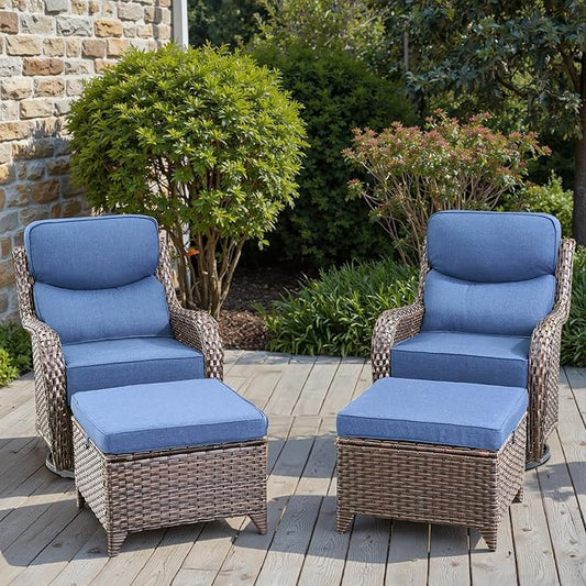 Swivel Patio Chairs sofa Set of 4 with 6" Thick Cushion - Wicker Outdoor Swivel Rocker Patio Chair with Side Table, High Back Comfortable Outdoor Glider Chairs - Brown Wicker | Blue Cushions