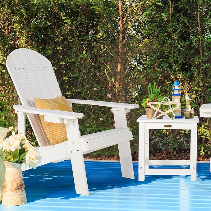 Adirondack Chair, All Weather Resistant Plastic Chairs with Cup Holder, 5 Easy Steps to Install, Outdoor Chairs for Patio, Garden, Backyard Deck, Lawn, Fire Pit - White