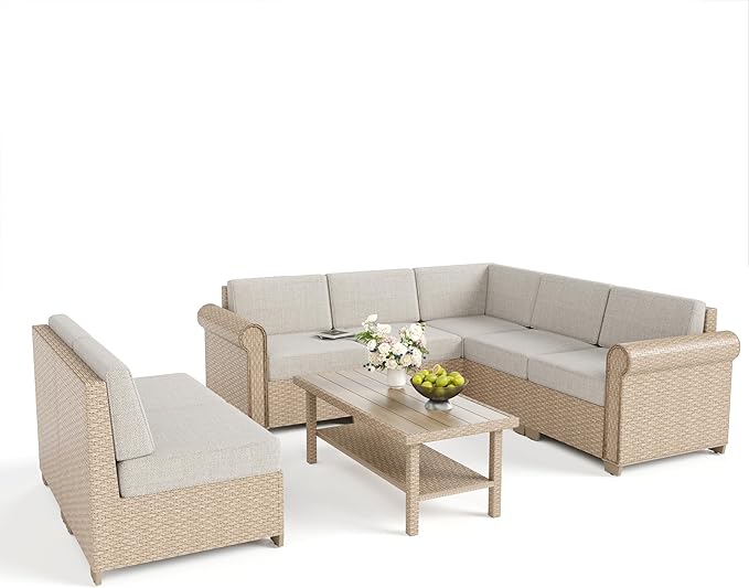 Patio Furniture Set 8 Piece, Wicker Rattan Sectional Sofa Couch with 5.5" Thick Waterproof Cushion and Coffee Table, L Shape All weather Outdoor Conversation Set for Lawn Backyard Deck, Beige