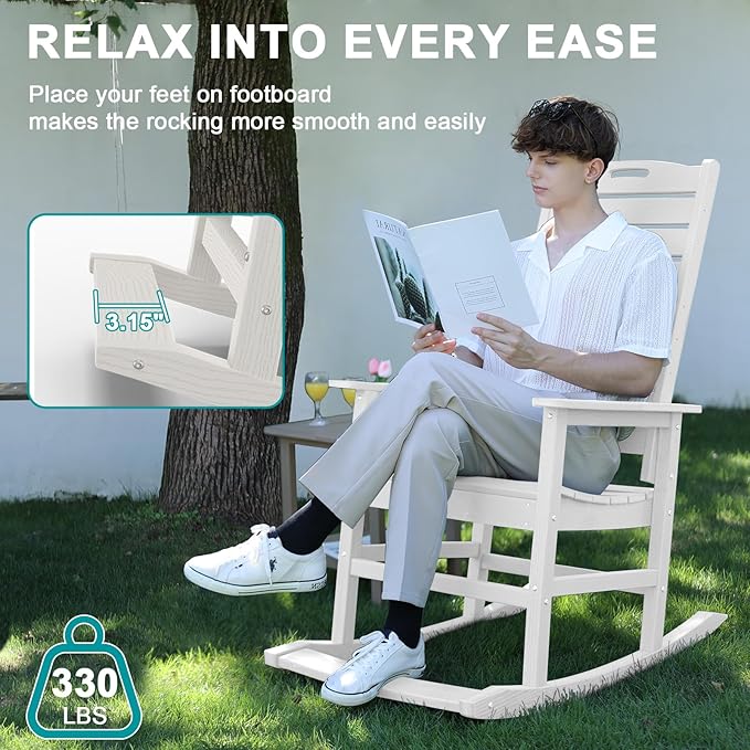 Outdoor Rocking Chair with Removable Footboard for Adults, HDPE High Back Patio Rocking Chairs, 330lbs All Weather Porch Rocking Chairs for Outdoor & Indoor -White