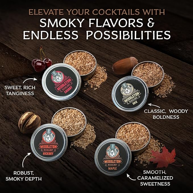 SmokeTop 4 Pack of Wood Chips - Cocktail Smoker Chips for Old Fashioned Cocktails, Whiskey, & Bourbon - Made in The USA (Cherry, Hickory, Maple, Oak)