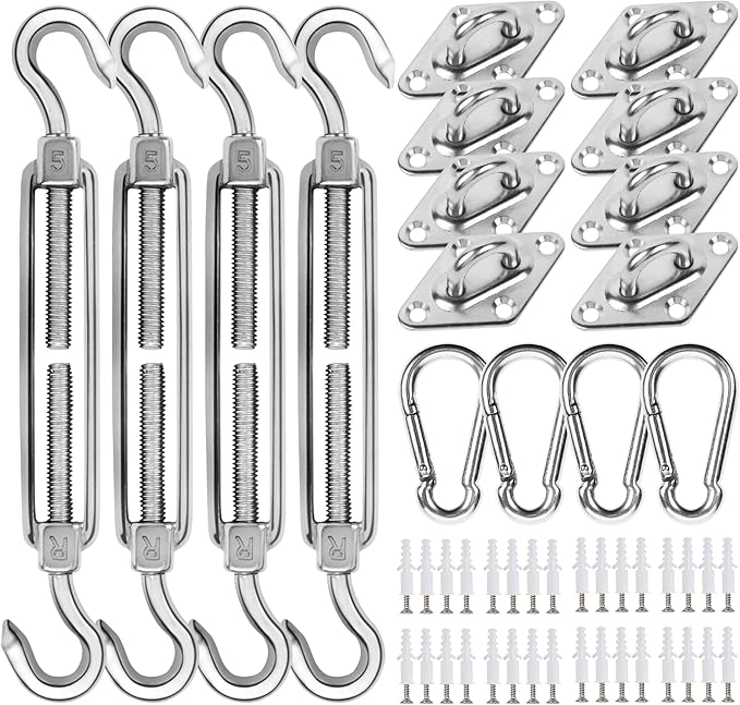 YOFIT 44 Pcs Shade Sail Hardware Kit, 5 Inch Outdoor Sun Sail Accessories, 304 Stainless Steel Turnbuckles & Brackets for Triangle/Rectangle Sails, Patio Canopy Installation Hardware Set Waterproof