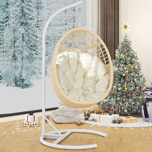 TWT Hanging Egg Chair with Stand, 330lbs Capacity Patio Wicker Egg Swing Chair with UV Resistant Cushion for Bedroom Garden Indoor Outdoor (Beige)