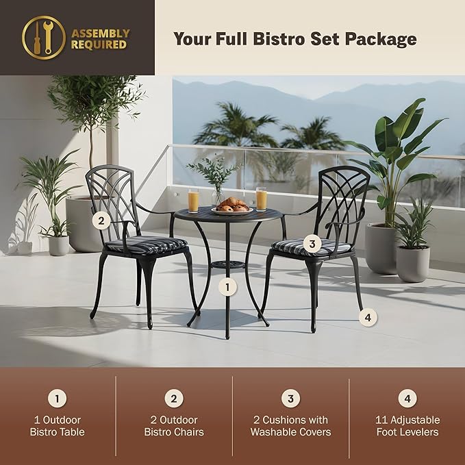 3 Piece Patio Bistro Set, Cast Aluminum Dining Table Set, All Weather Outdoor Round Metal Table with Umbrella Hole and Chairs Set of 2 with Cushion for Outside Garden, Black