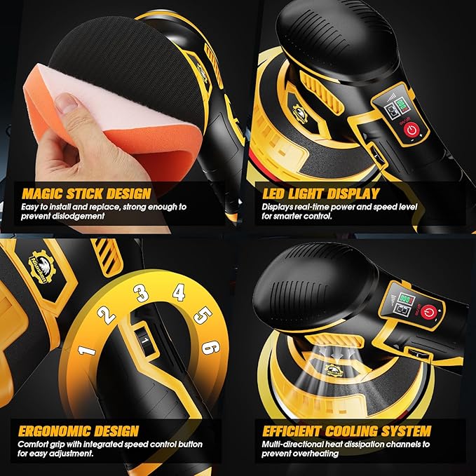 Cordless Car Buffer Polisher kit [2x 2000mAh 21V Batteries & 18 PCS Attachments] 6-Speed Orbital Design, LED Display, 6 Inch Lightweight Detailing Tool for Waxing, Polishing & Scratch Removal