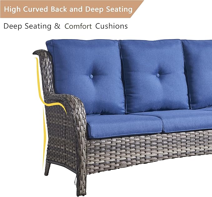 HUMMUH 8pcs Patio Furniture Set Outdoor Swivel Rocker Wicker Patio Chairs,Outdoor Couch with Coffee Table and Ottomans(Grey,Blue)