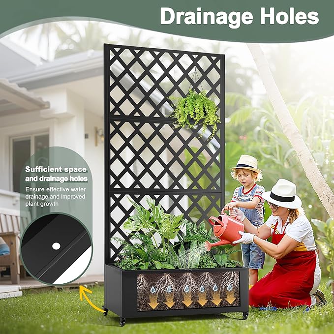 Metal Large Garden Bed with Trellis & Wheels, Planter Box with Privacy Screen for Climbing Plants, Privacy Planters for Patio, 35" L Garden Boxes with Drainage Holes (Black Diamond)