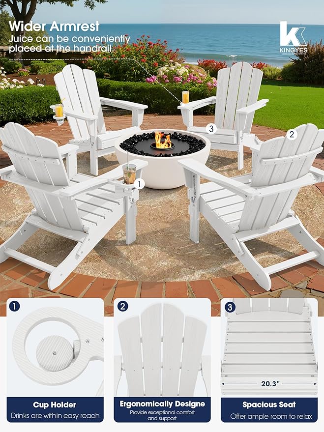 KINGYES Folding Adirondack Chair Set of 4, HDPE All-Weather Patio Chairs with Cup Holder, Wooden Textured Fire Pit Chairs for Poolside, Backyard, Deck, White