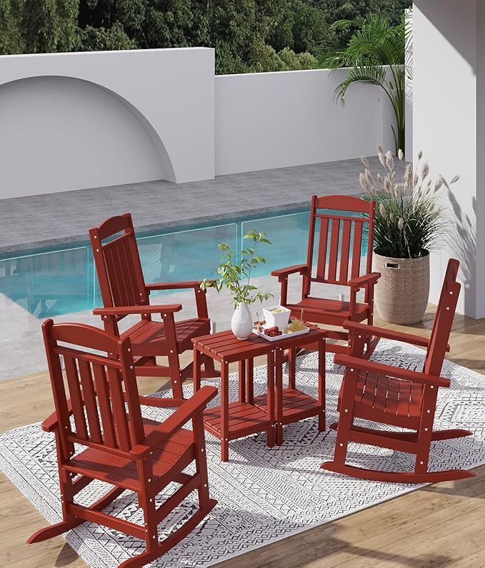 FOOWIN Outdoor Rocking Chair, High Back Patio Rocking Chair, HDPE All Weather Resistant Porch Rocker for Adult, Oversized Rocking Chairs for Garden, Lawn, Indoor & Outdoor Use, Dark Red