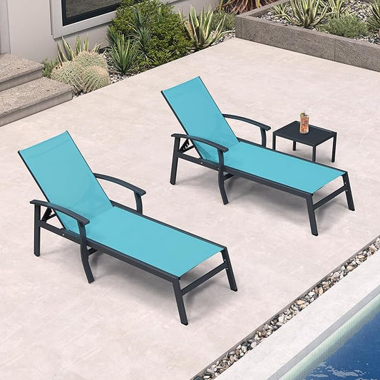 PURPLE LEAF Chaise Lounge Chair Outdoor 2 Pieces Pool Lounge Chairs 5 Adjustable Position with Armrests and Side Table Aluminum Patio Lounge Chair for Outside Backyard Beach Pool, Turquoise Blue