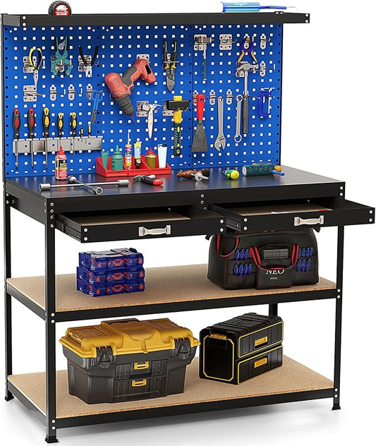 Goplus Workbench with Drawers, 48" x 24" Heavy-Duty Work Table with 3 PCS Pegboard & 4 Shelves, 24 Hanging Accessories, 506 LBS Capacity, Metal Tool Storage Work Bench for Garage, Workshop