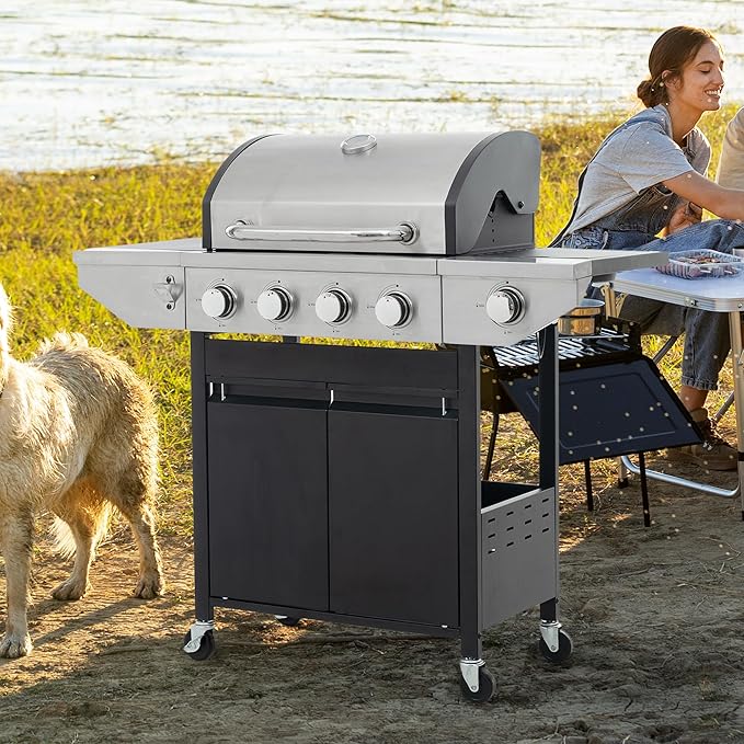 4 Burner Propane Gas Grill with Side Burner, 46,500 BTU Stainless Steel BBQ Grill with Foldable Shelves, Thermometer, Wheels, Ideal for Patio, Backyard, Outdoor Cooking, Barbeque