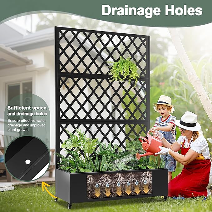 Metal Large Planter Box with Trellis for Climbing Plants Vegetables, Raised Garden Bed with Privacy Screen, 47"L×16"W×71"H Garden Boxes with Wheels & Drainage Hole (Black Diamond Lattice)