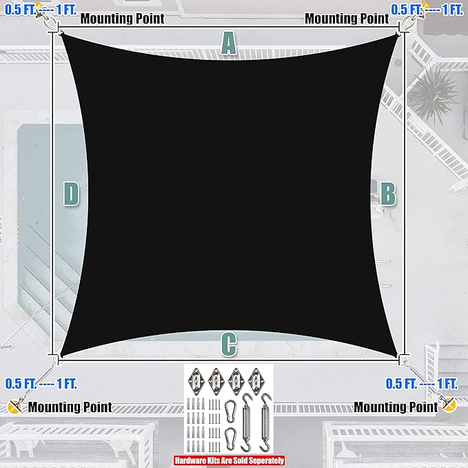 Amgo Custom Size 9' x 22' Black Rectangle Square Sun Shade Sail UPF50+ AGTAPR1620, Order to Make Canopy Awning, 95% UV Blockage, Water & Air Permeable, Commercial and Residential (We Customize)