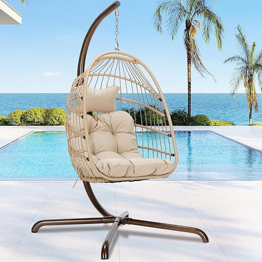 RADIATA Royal Craft Hanging Egg Chair with Stand, All-Weather Wicker Swing Chair with Dome Design and Cushion, 350Lbs Indoor Outdoor Hammock Basket Seat for Bedroom Balcony Patio Porch, Beige