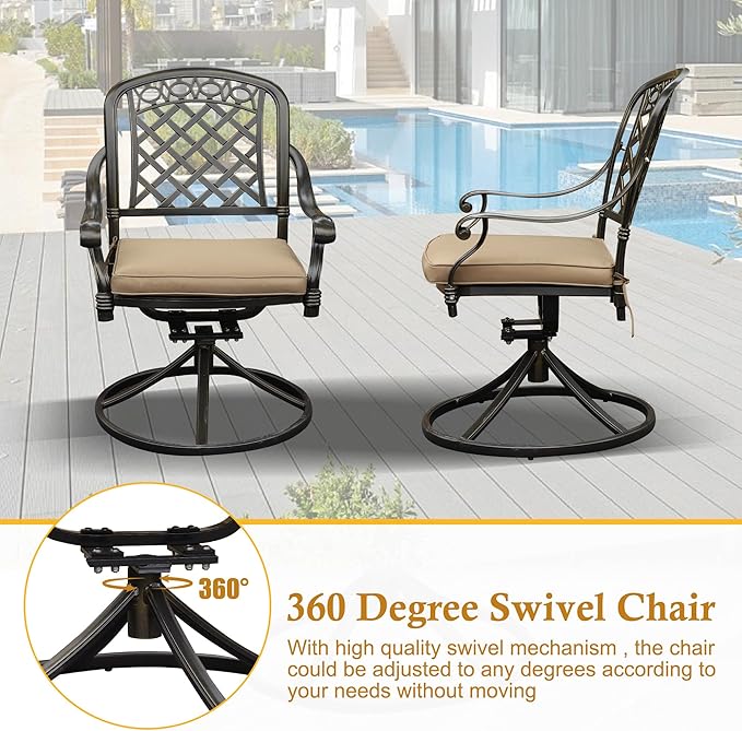 Cast Aluminum Outdoor Swivel Dining Chairs, All-Weather Patio Swivel Rocker Chair Sets with Cushion for Garden, Backyard, Poolside, Bistro (Khaki, 4 Pieces)