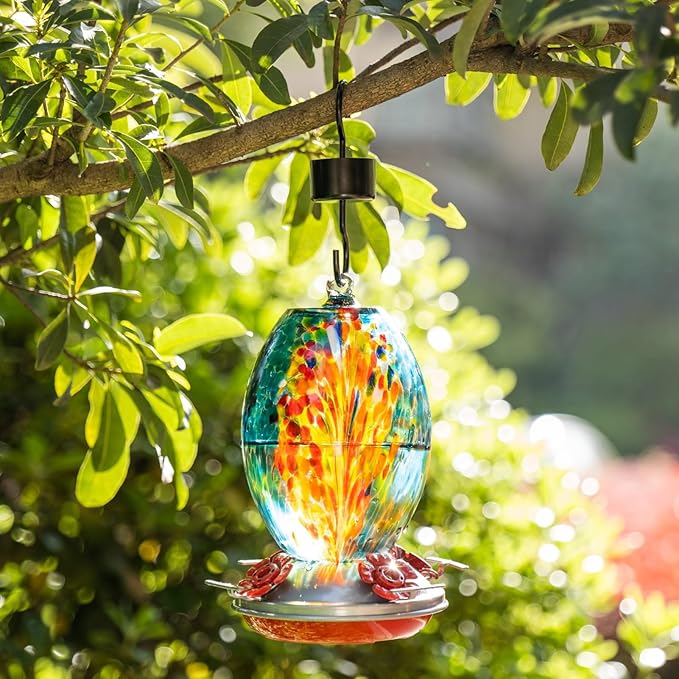 Muse Garden Gifts for Women Glass Hummingbird Feeder for Outdoors Hanging, Mother‘s Day Christmas Valentine Hummingbird Gifts for Women Mom, Ant Moat Included, 2 Pack, Fireworks and Starry