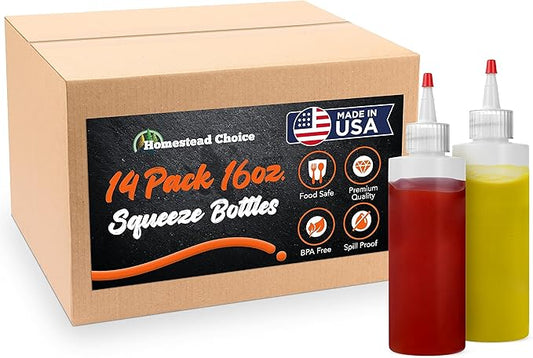 Made in USA 14-pack Plastic Squeeze Bottles for Sauces - 16oz Condiment Squeeze Bottles for Liquids, BPA Free Squirt Bottles with Cap - Ketchup, Syrup, Oil, Dressings, Honey & Arts and Crafts