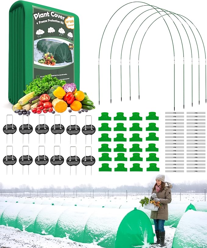 10ft x 33ft Plant Frost Protection Cover, 1.3 oz/yd² Reusable Freeze Blanket with 36 Hoops & 12 Stakes, Garden Greenhouse Tunnel for Winter Snow, Frost & Pest Protection on Outdoor Raised Beds