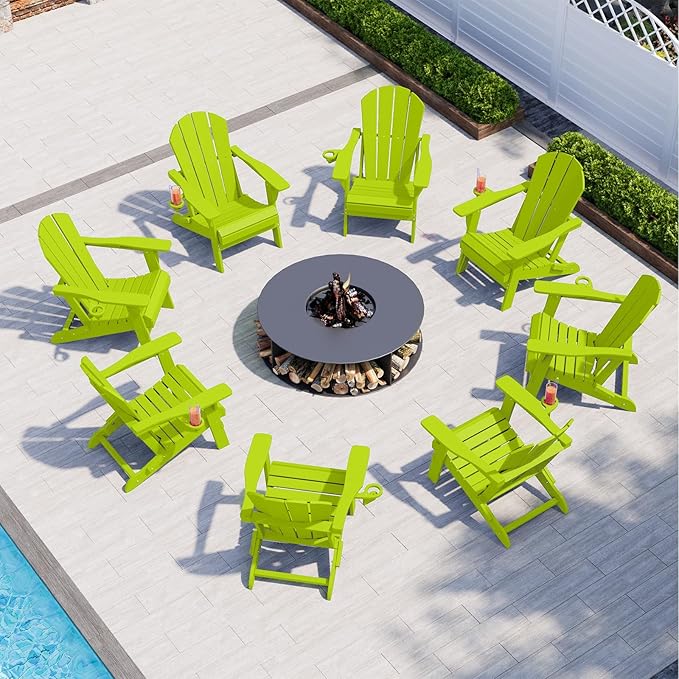 Folding Adirondack Chair with Cup Holders, HDPE Plastic Outdoor Chairs, Weather Resistant, Real Wood Look for Patio, Deck, Fire Pit, Backyard, Green