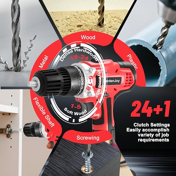 GardenJoy 20v Cordless Drill Set, Power Electric Kit 2 Batteries With Charger 30Nm 2-Speed 3/8" Keyless Chuck 24+1 Torque Drill Driver screwdriver Bits with LED Electric Work Light for MEN DIY
