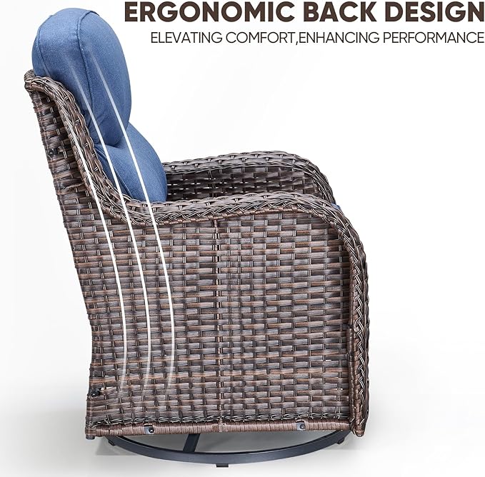Swivel Patio Chairs sofa Set of 4 with 6" Thick Cushion - Wicker Outdoor Swivel Rocker Patio Chair with Side Table, High Back Comfortable Outdoor Glider Chairs - Brown Wicker | Blue Cushions