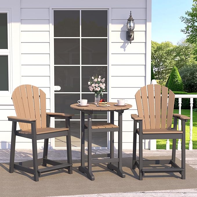 OTSUN Tall Adirondack Chairs Set of 3, Patio Bar Stool Chairs with one Table, 400lbs, Widened Arms, All-Weather Balcony Chair for Backyard, Garden (Black&Brown, 3 Sets)