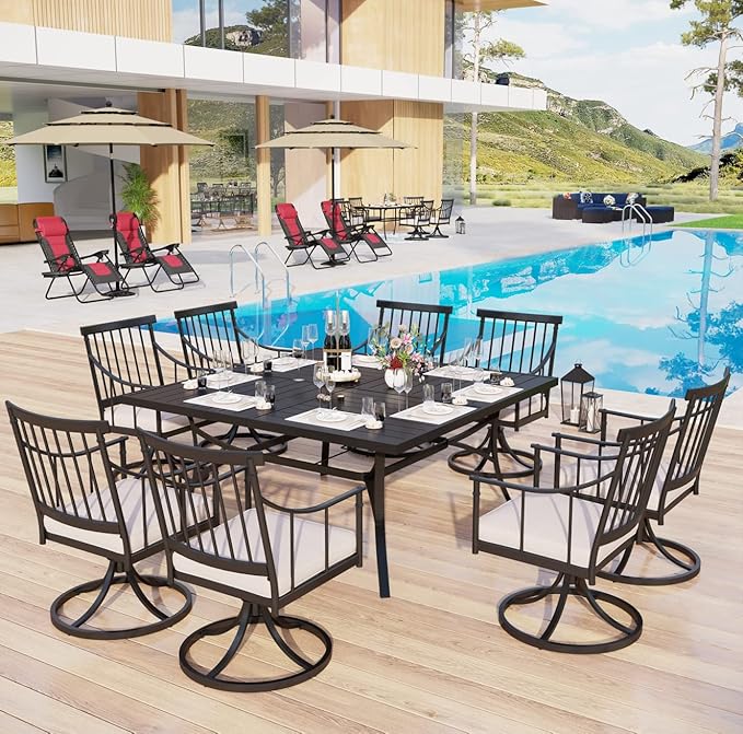 MFSTUDIO 9 PCS Outdoor Patio Dining Set, 8 Metal Swivel Chairs with Removable Cushions and 1 Square Dining Table with 1.57" -1.9" Adjustable Umbrella Hole Furniture Sets for Lawn Backyard Garden