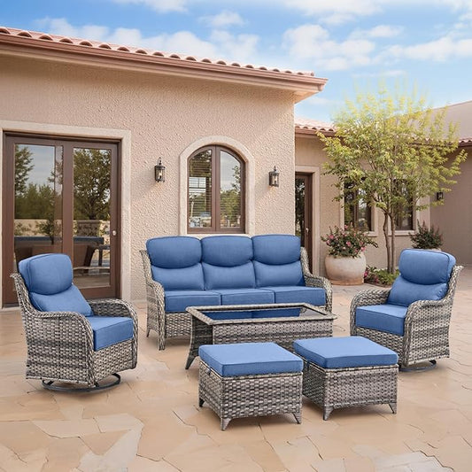 Swivel Patio Chairs sofa Set of 6 with 6" Thick Cushion - Wicker Outdoor Swivel Rocker Patio Chair ,Sofa/Glass coffee table, High Back Comfortable Outdoor Glider Chairs - Gery Wicker Blue Cushions