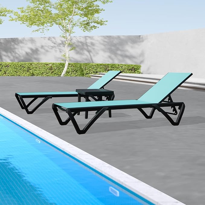 Domi Outdoor Lounge Chair, Aluminum Plastic Patio Chaise Lounge with Side Table & 5 Position Adjustable Backrest & Wheels, All Weather Reclining Chair for Outside Beach Poolside Lawn, Lake Blue