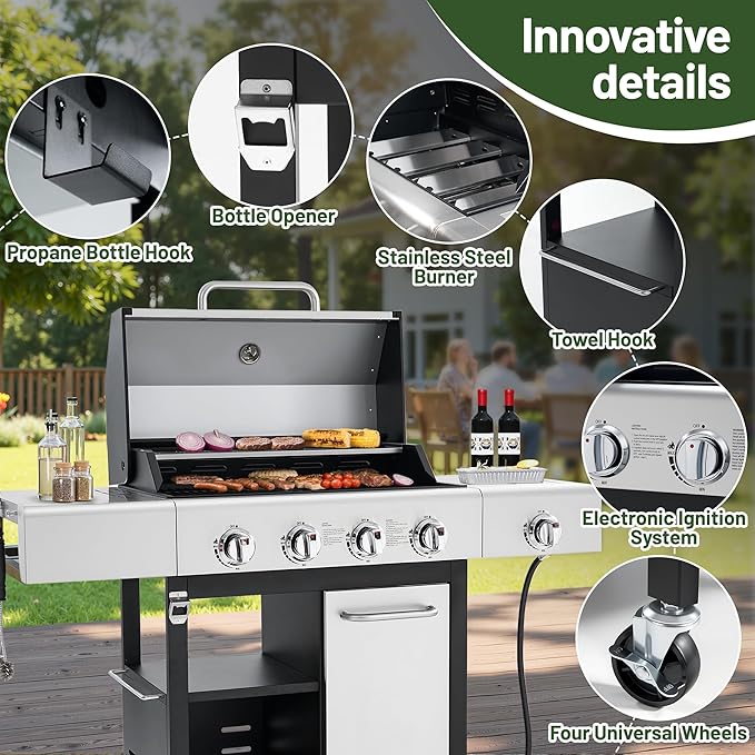 HUGROVE Propane Gas BBQ Grill with Wheels & Side Burner, 50,000 BTU Output Stainless Steel Barbecue Grill for Backyard & Outdoor Cooking Easy to Assemble (Light Gray)