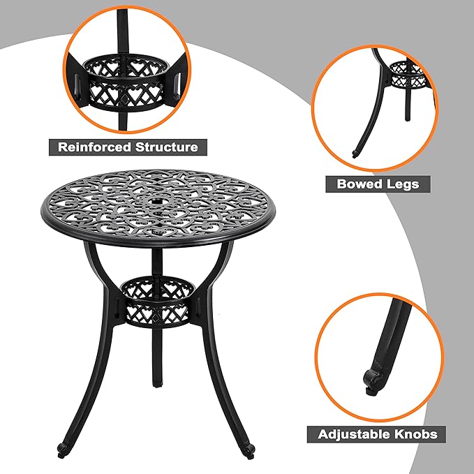 NUU GARDEN 3-Piece Outdoor Bistro Set, Cast Aluminum Patio Bistro Table and Chairs with Umbrella Hole and Grey Cushions, Bistro Set for Patio and Backyard, Black