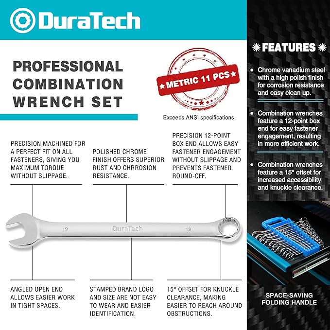 DURATECH Combination Wrench Set, Metric, 11-Piece, 8, 10, 11, 12, 13, 14, 15, 16, 17, 18, 19mm, 12-Point, CR-V Steel, Organized in Wrench Holder