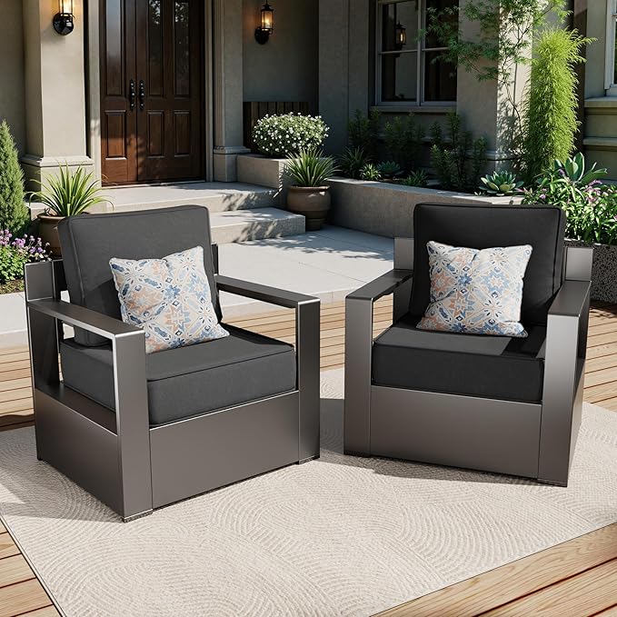 Aluminum Patio Chairs Set of 2, All Weather Use Outdoor Dining Chairs with Rectangular Framed Metal Armrest & 6" Fade-Resistant Cushions & Chair Covers for Deck Balcony Backyard (Grey)