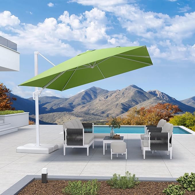 PURPLE LEAF 10 FT Patio Umbrella White Cantilever Umbrella Aluminum Square Outdoor Offset Umbrella Hanging Windproof with 360° Rotation for Garden Deck Pool, Green