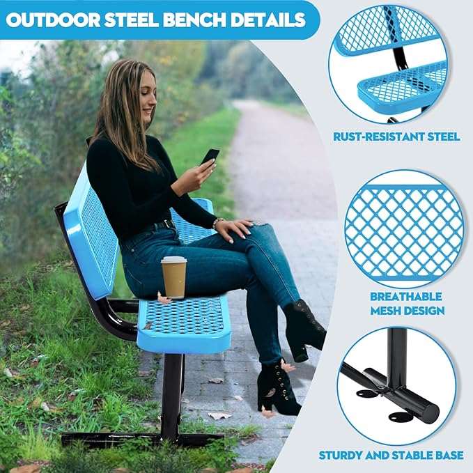 4Ft Outdoor Bench with Back Portable Frame, Outdoor Steel Park Bench with Backrest, Expanded Metal Mesh Bench for Outside, Lawn, Backyard, Park, Garden, Patio, Porch, Bule