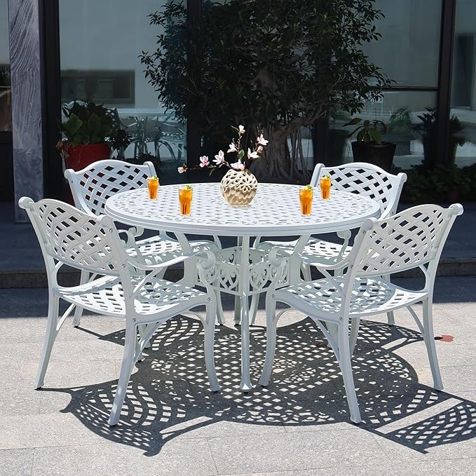 2 Piece Patio Chairs Cast Aluminum Outdoor Dining Chair with Armrests, Metal 2 Piece Patio Bistro Chair with Adjustable Feet, Wrought Iron Bistro Patio Dining Chair for Garden,Set of 2 White