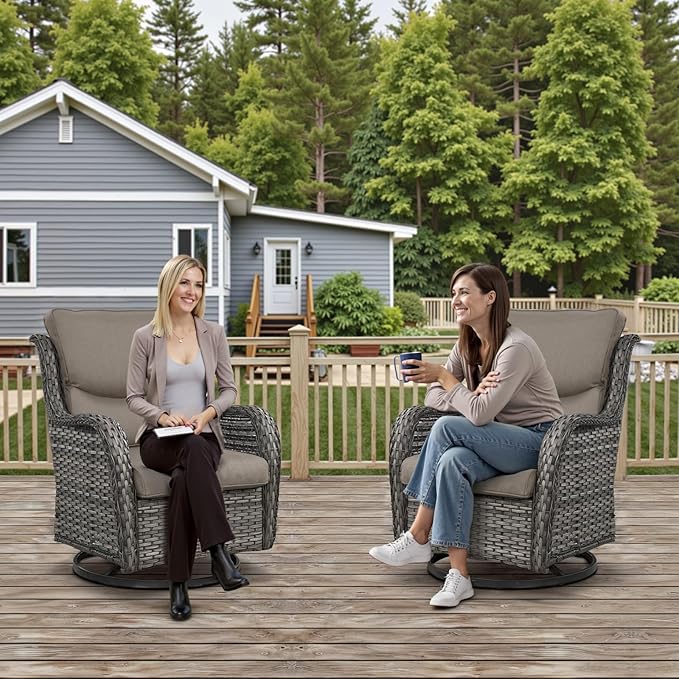 Swivel Patio Chairs Set of 2 with 5" Thick Cushion - Wicker Outdoor Swivel Rocker Patio Chairs, High Back Comfortable Outdoor Glider Chairs for Balcony, Porch, Deck, Poolside - Gray/Gray