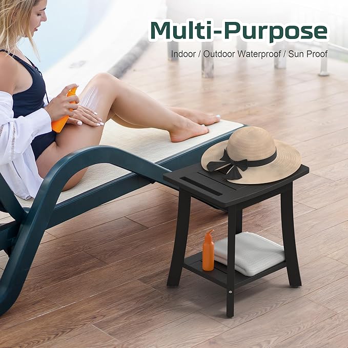 HIPS Shower Benches for Inside Shower, Waterproof Shower Stool with Storage Shelf & Adjustable Feet, SPA Bathroom Seat Chair for Shaving Legs, Indoor or Outdoor Use, Black
