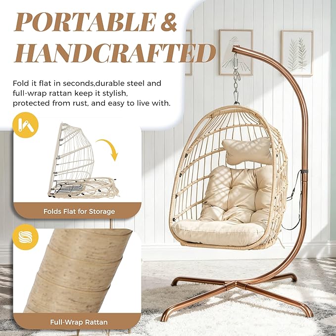 BLUEXYARD Indoor Swinging Egg Chair with Stand, 350 Lbs Water-Resistant Wicker Hanging Hammock Chair with Comfy Cushion, Outdoor Heavy-Duty Eggshell Basket for Balcony Patio Bedroom Garden, Beige