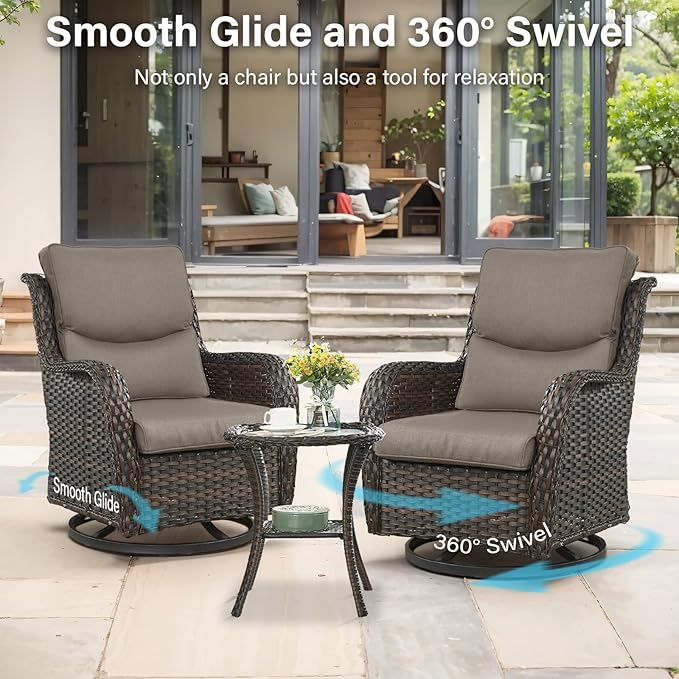 Outdoor Swivel Rocker Patio Chairs with 5" Thick Cushion - 3 Piece Wicker Bistro Set with Side Table, High Back Comfty Outdoor Glider Chairs for Balcony, Porch, Deck, Poolside - Brown/Gray