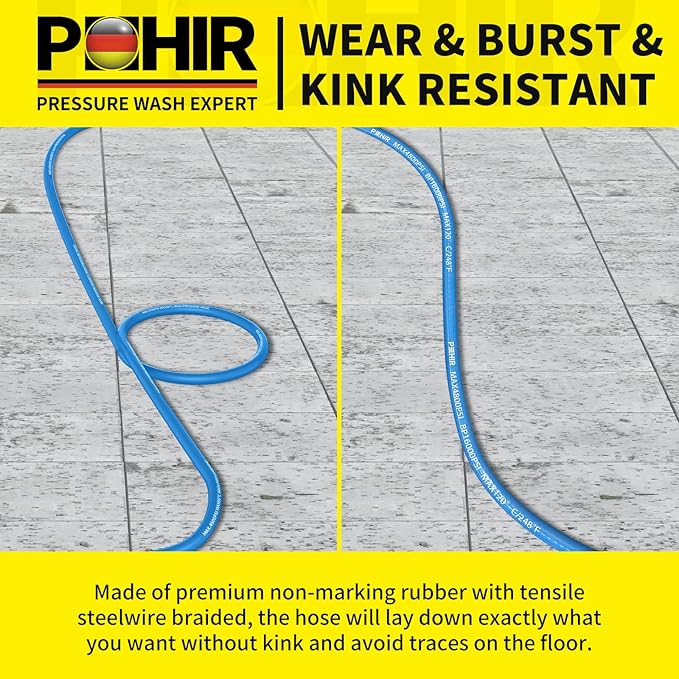 POHIR 150ft Pressure Washer Hose 3/8" 4800 PSI, Kink Resistant Industrial Grade Hose with Quick Connect Ends and Adapters for Hot & Cold Water up to 248°F, Steel Wire Braided Hose for Power Washing