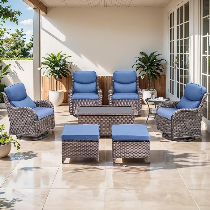 Outdoor Swivel Rocker Patio Chairs Set of 4 with Ottoman Coffee Table - 5" Thick Cushion 8 Piece Furniture Set All Weather Comfortable Wicker Conversation Set for Porch Deck - Brown/Blue